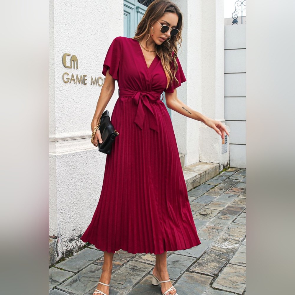 Flutter Sleeve Belted Surplice Midi Dress